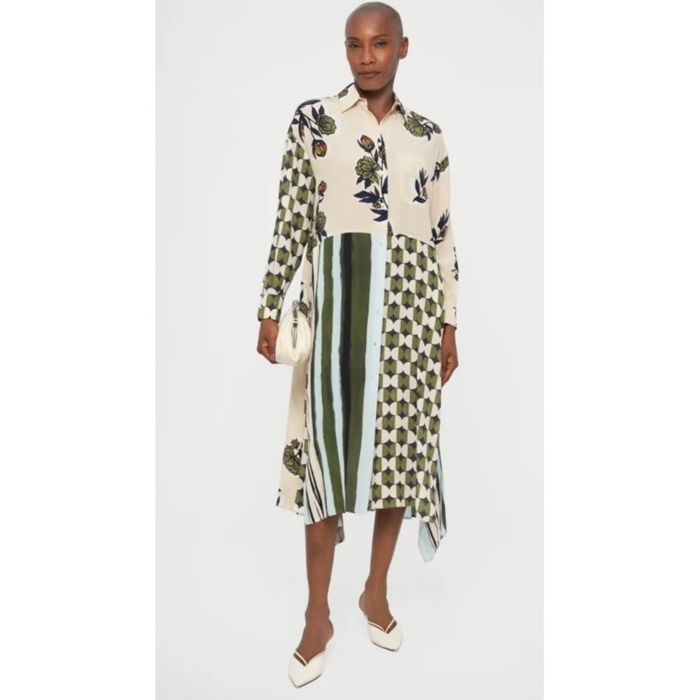 Weekend Max Mara Passo Silk Shirt Dress Beige Green Floral Print Luxury Size 10
